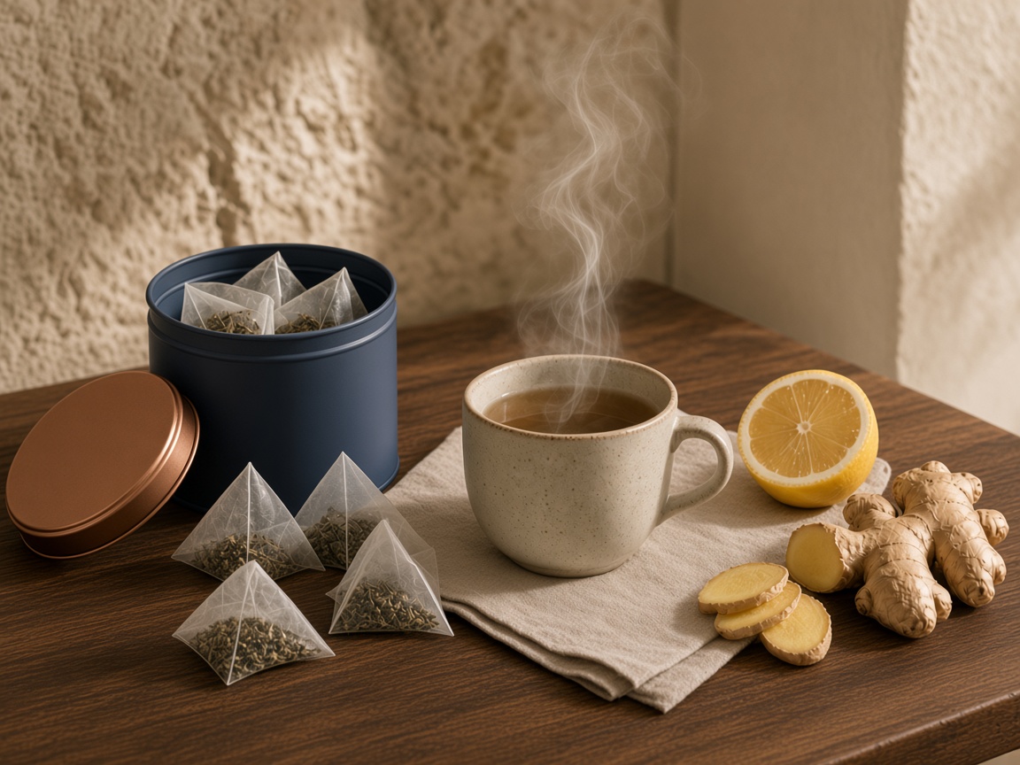 Citromos-gyömbéres tea egy gőzölgő csésze mellett