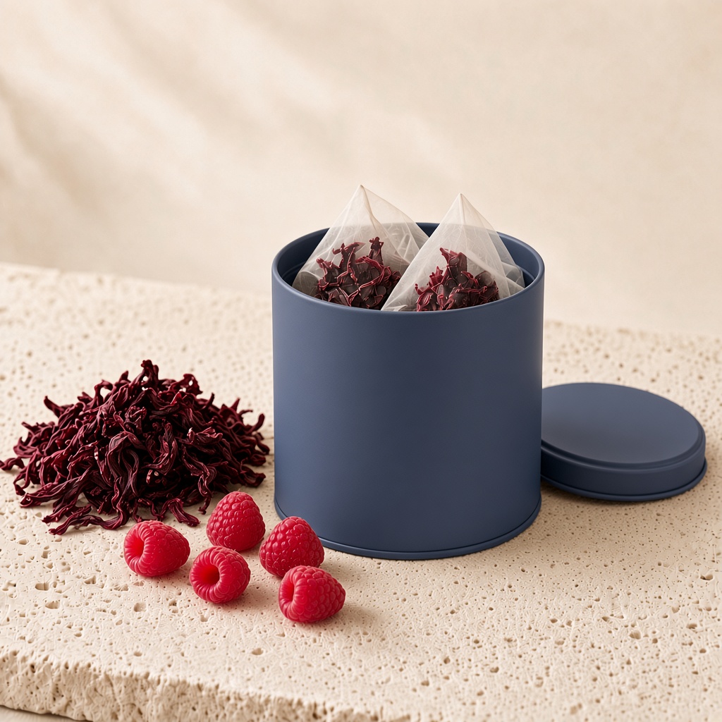 Nyitott doboz málnás és hibiszkuszos teakeverékkel